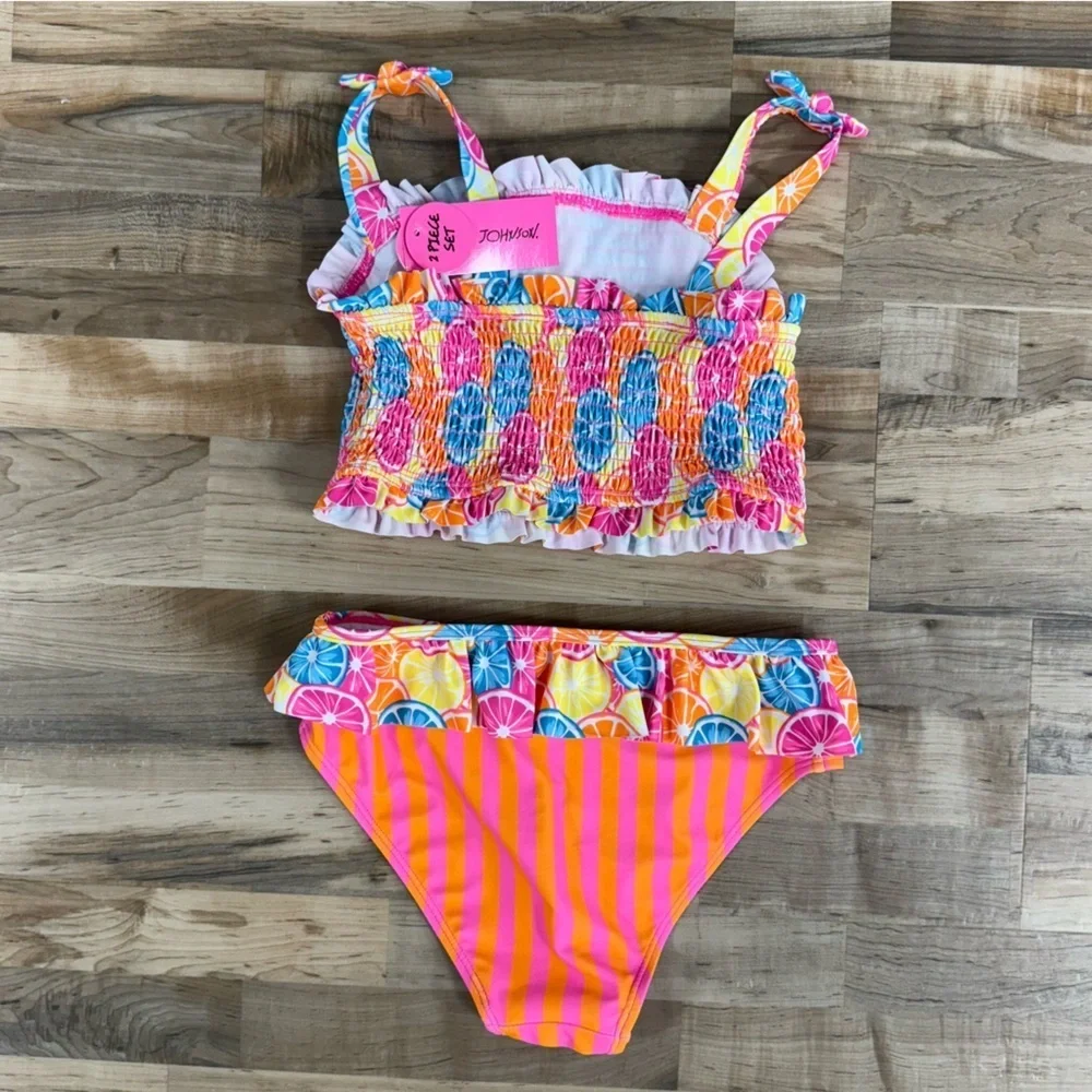 NWT Betsey Johnson Swimsuit 2 Pc Girls 14 Smocked Neon Fruit & Stripes Mix Print